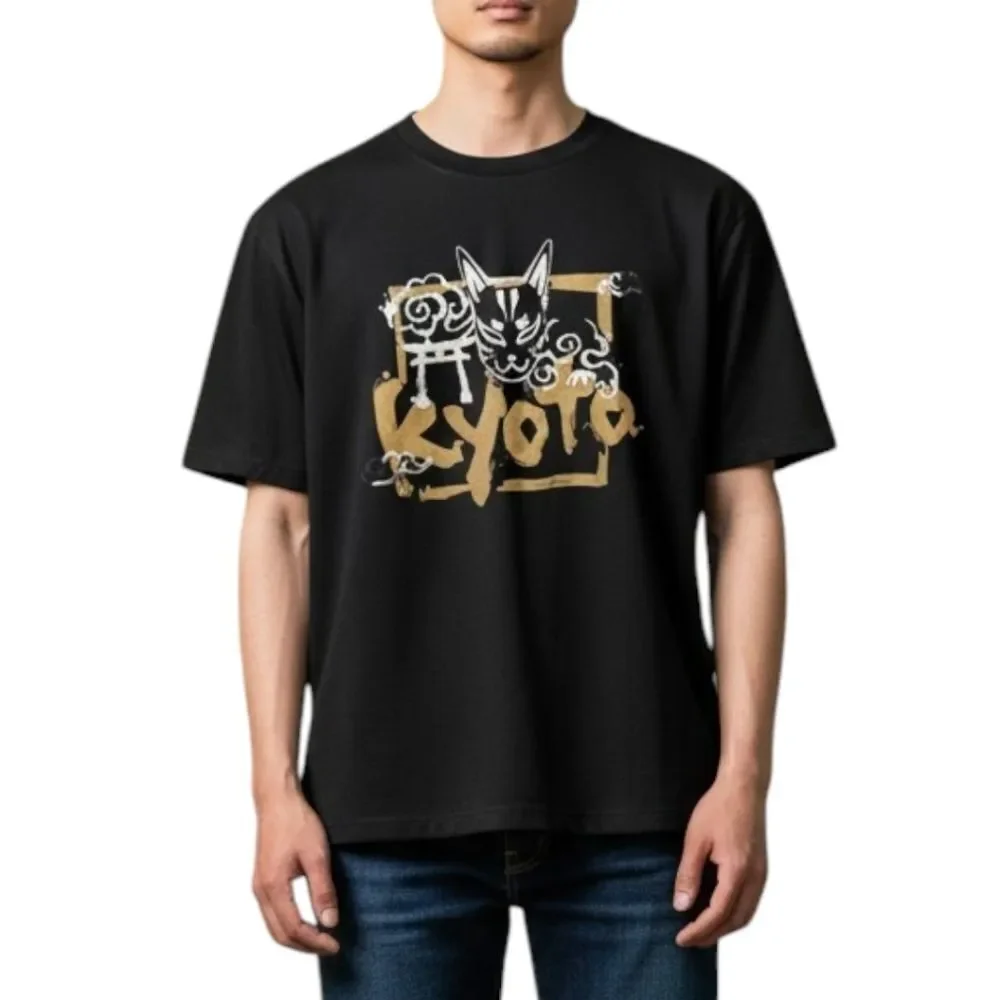 Fujiki Yuzenkata Kyoto Japan Kitsune Fox Mask Navy & Gold Graphic Tee Size L